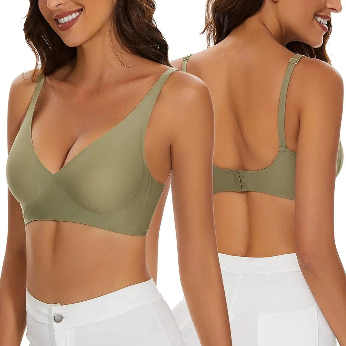 A light olive green seamless bra shown from the front and back, featuring a V-neckline, thin adjustable shoulder straps, and a rear hook-and-eye closure.