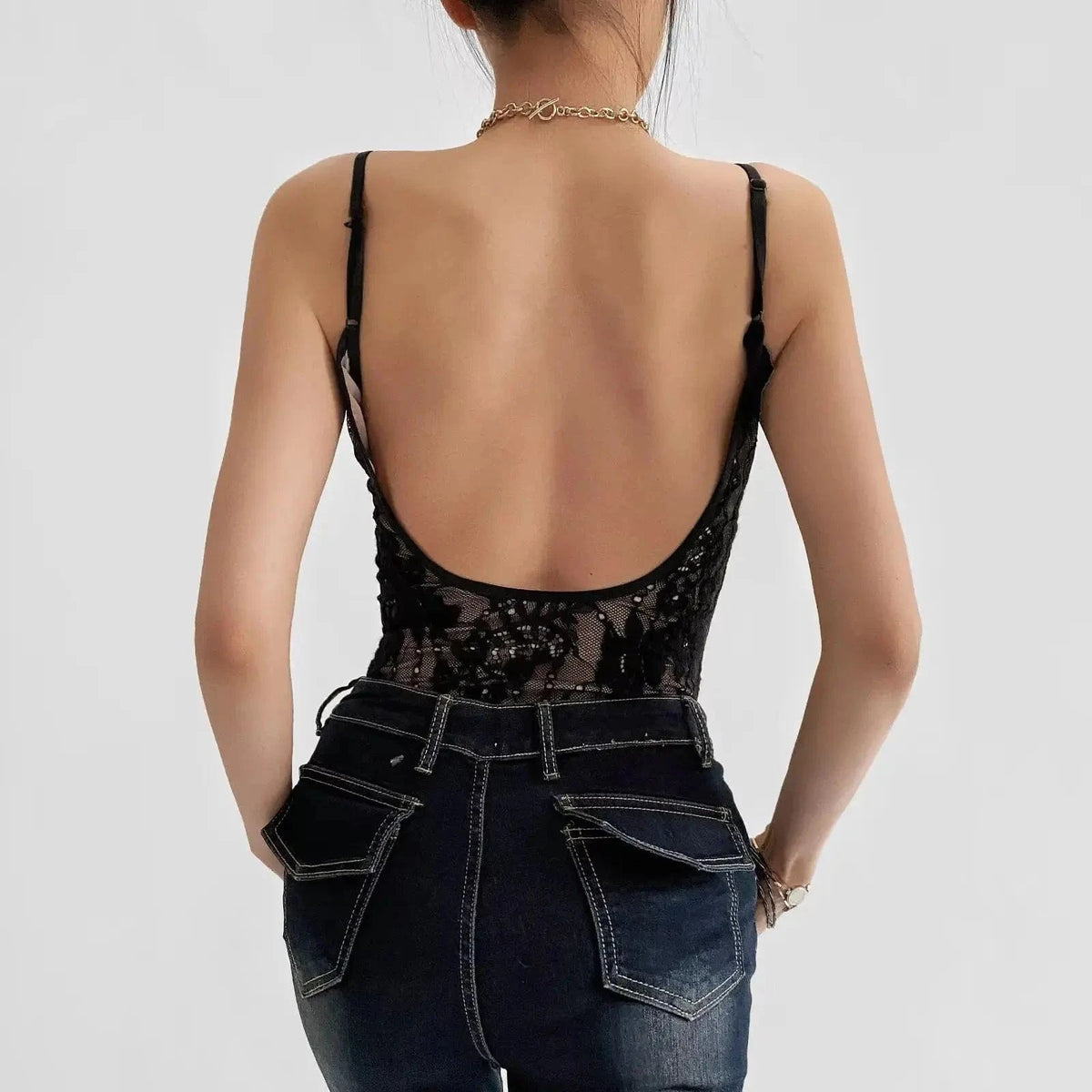 Sexy See Through Lace With Lining Backless Spaghetti Strap Bodysuit Woman Sling Tight Short Jumpsuit Slim fit Rompers Playsuits - A-1 Thread Vault