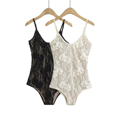 Sexy See Through Lace With Lining Backless Spaghetti Strap Bodysuit Woman Sling Tight Short Jumpsuit Slim fit Rompers Playsuits - A-1 Thread Vault