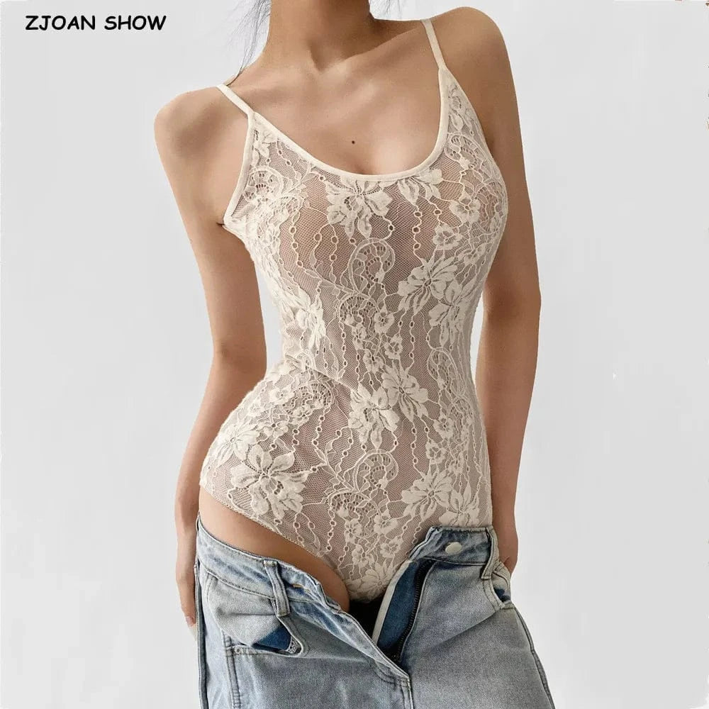 Sexy See Through Lace With Lining Backless Spaghetti Strap Bodysuit Woman Sling Tight Short Jumpsuit Slim fit Rompers Playsuits - A-1 Thread Vault
