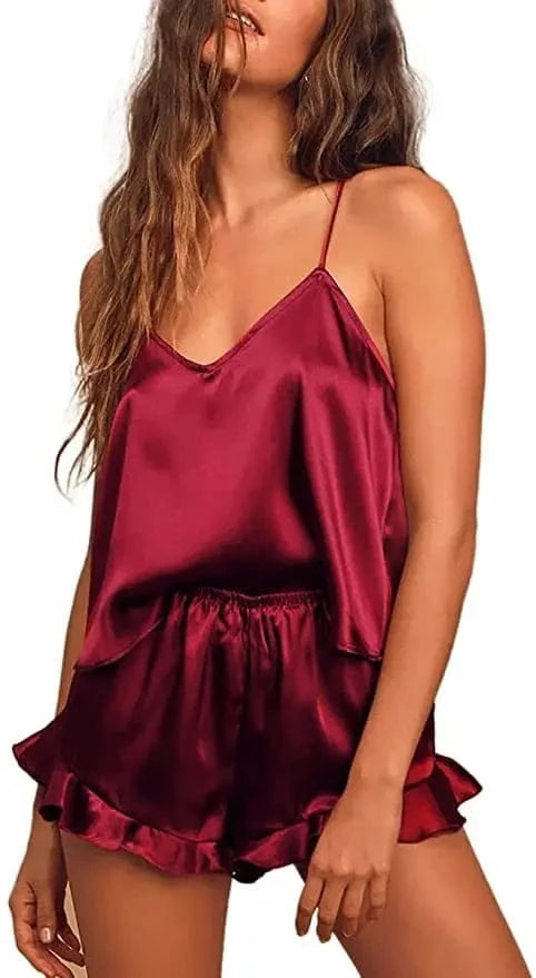 Sexy Silk Satin Pajama Set for Women – V-Neck Cami Top and Ruffled Shorts Bridal Lingerie, Perfect for Nightwear - A-1 Thread Vault