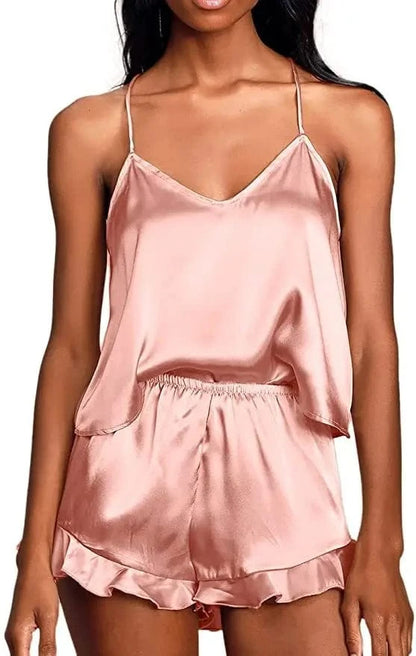 Sexy Silk Satin Pajama Set for Women – V-Neck Cami Top and Ruffled Shorts Bridal Lingerie, Perfect for Nightwear - A-1 Thread Vault