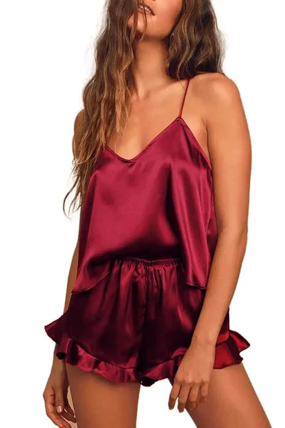Sexy Silk Satin Pajama Set for Women – V-Neck Cami Top and Ruffled Shorts Bridal Lingerie, Perfect for Nightwear - A-1 Thread Vault