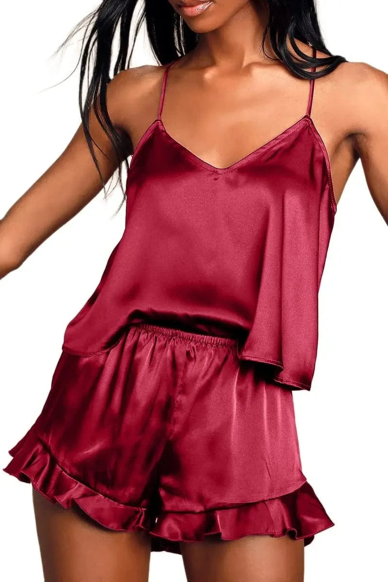Sexy Silk Satin Pajama Set for Women – V-Neck Cami Top and Ruffled Shorts Bridal Lingerie, Perfect for Nightwear - A-1 Thread Vault