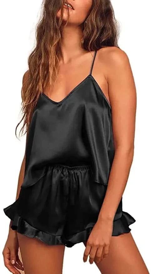 Sexy Silk Satin Pajama Set for Women – V-Neck Cami Top and Ruffled Shorts Bridal Lingerie, Perfect for Nightwear - A-1 Thread Vault