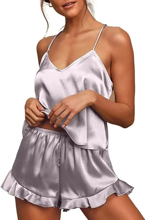 Sexy Silk Satin Pajama Set for Women – V-Neck Cami Top and Ruffled Shorts Bridal Lingerie, Perfect for Nightwear - A-1 Thread Vault