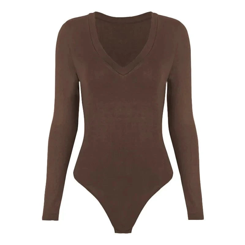 Sexy Solid Black White Bodysuit Women's V Neck Long Sleeve Slim Bodycon One Piece Jumpsuit Top - A-1 Thread Vault