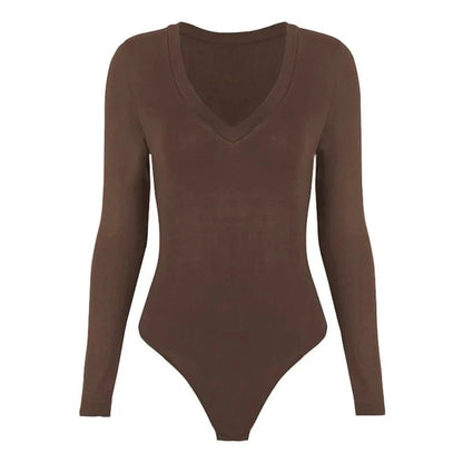 Sexy Solid Black White Bodysuit Women's V Neck Long Sleeve Slim Bodycon One Piece Jumpsuit Top - A-1 Thread Vault