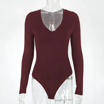 Sexy Solid Black White Bodysuit Women's V Neck Long Sleeve Slim Bodycon One Piece Jumpsuit Top - A-1 Thread Vault