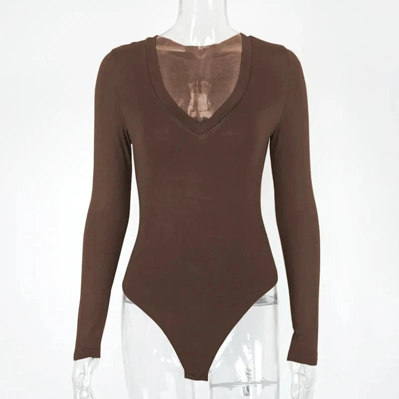Sexy Solid Black White Bodysuit Women's V Neck Long Sleeve Slim Bodycon One Piece Jumpsuit Top - A-1 Thread Vault