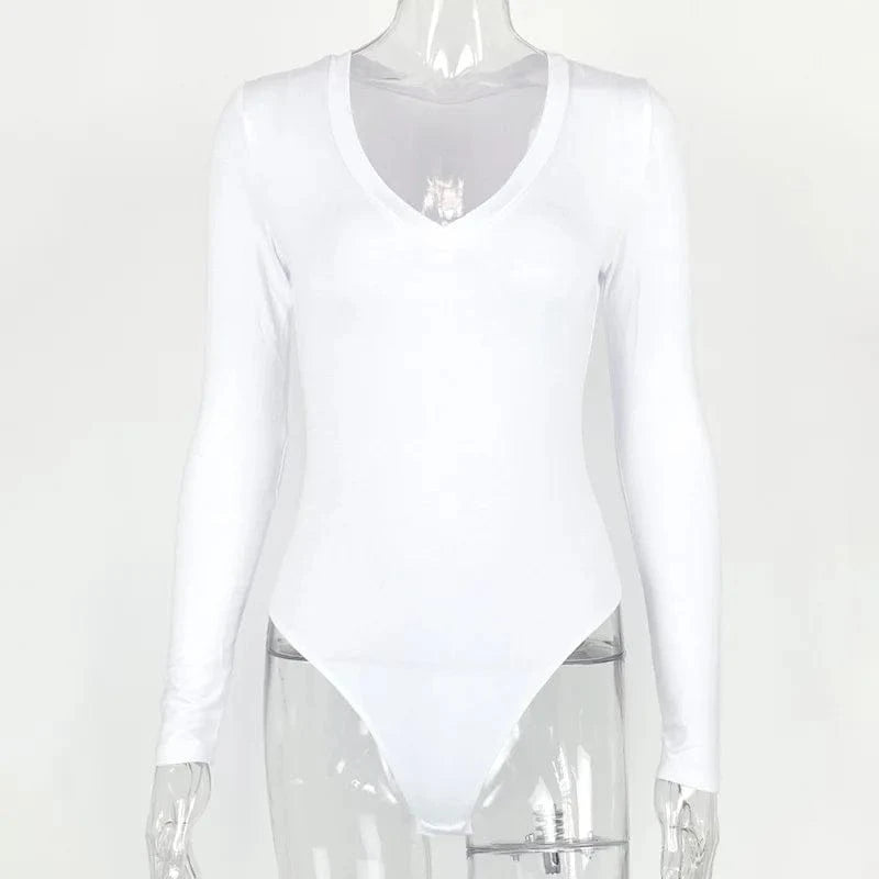 Sexy Solid Black White Bodysuit Women's V Neck Long Sleeve Slim Bodycon One Piece Jumpsuit Top - A-1 Thread Vault