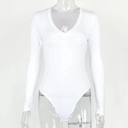 Sexy Solid Black White Bodysuit Women's V Neck Long Sleeve Slim Bodycon One Piece Jumpsuit Top - A-1 Thread Vault