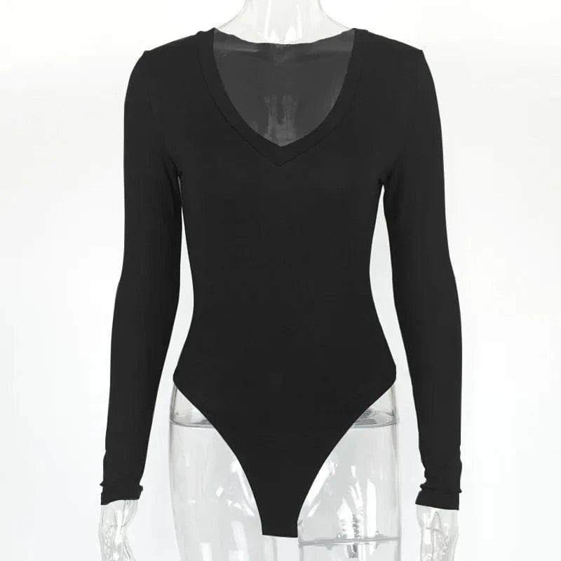 Sexy Solid Black White Bodysuit Women's V Neck Long Sleeve Slim Bodycon One Piece Jumpsuit Top - A-1 Thread Vault