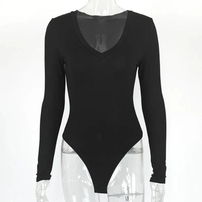 Sexy Solid Black White Bodysuit Women's V Neck Long Sleeve Slim Bodycon One Piece Jumpsuit Top - A-1 Thread Vault