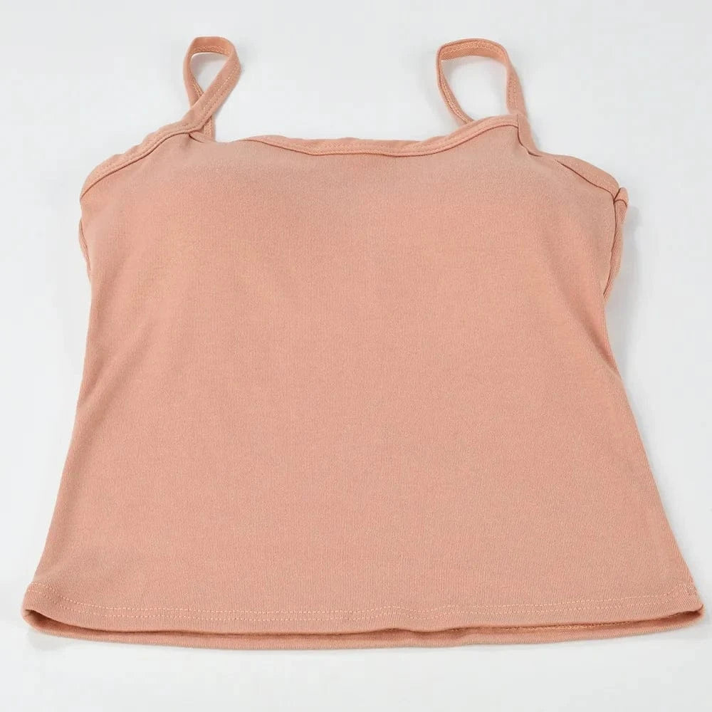 Sexy Summer Sleeveless T-Shirt Spaghetti Strap Cropped Tank Top with Built-in Bra Fashion Solid Color Sporty Camisole - A-1 Thread Vault