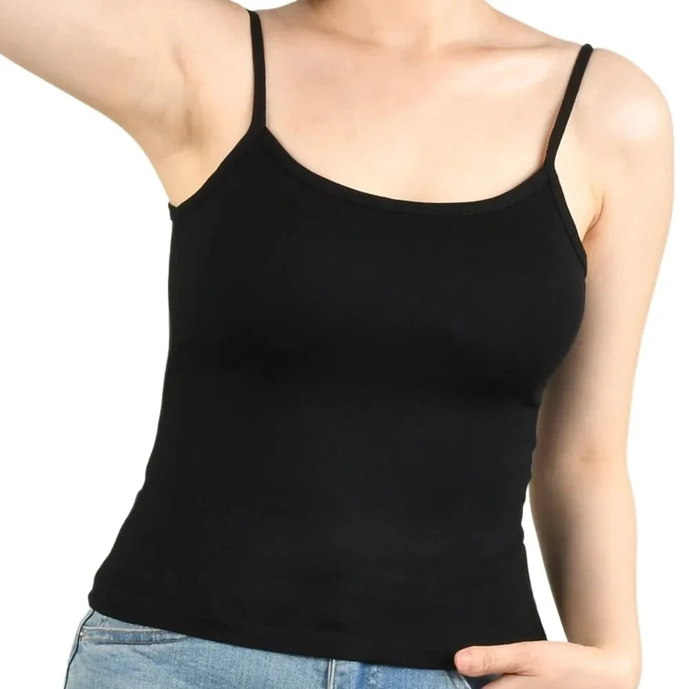 Sexy Summer Sleeveless T-Shirt Spaghetti Strap Cropped Tank Top with Built-in Bra Fashion Solid Color Sporty Camisole - A-1 Thread Vault