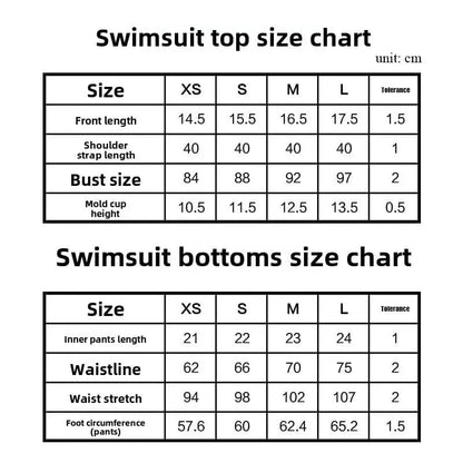 A swimsuit size chart showing measurements in centimeters for both top and bottom pieces across XS, S, M, and L sizes.