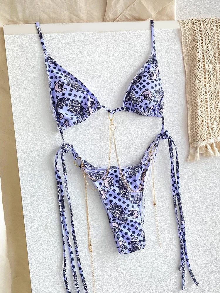 Sexy Triangle Chains Bikini Sets Micro Thongs Swimsuit Women Bathing Suit Biquini Bandage Beachwear Print Swimwear Thong Bikini - A-1 Thread Vault