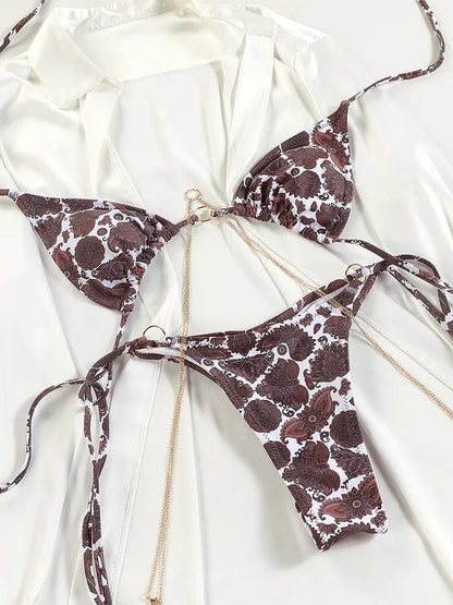 Sexy Triangle Chains Bikini Sets Micro Thongs Swimsuit Women Bathing Suit Biquini Bandage Beachwear Print Swimwear Thong Bikini - A-1 Thread Vault