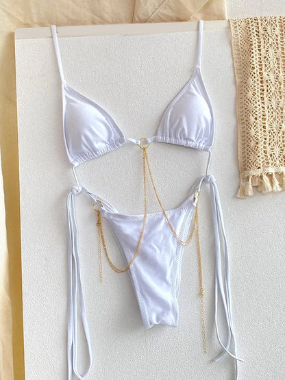 Sexy Triangle Chains Bikini Sets Micro Thongs Swimsuit Women Bathing Suit Biquini Bandage Beachwear Print Swimwear Thong Bikini - A-1 Thread Vault