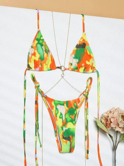 Sexy Triangle Chains Bikini Sets Micro Thongs Swimsuit Women Bathing Suit Biquini Bandage Beachwear Print Swimwear Thong Bikini - A-1 Thread Vault