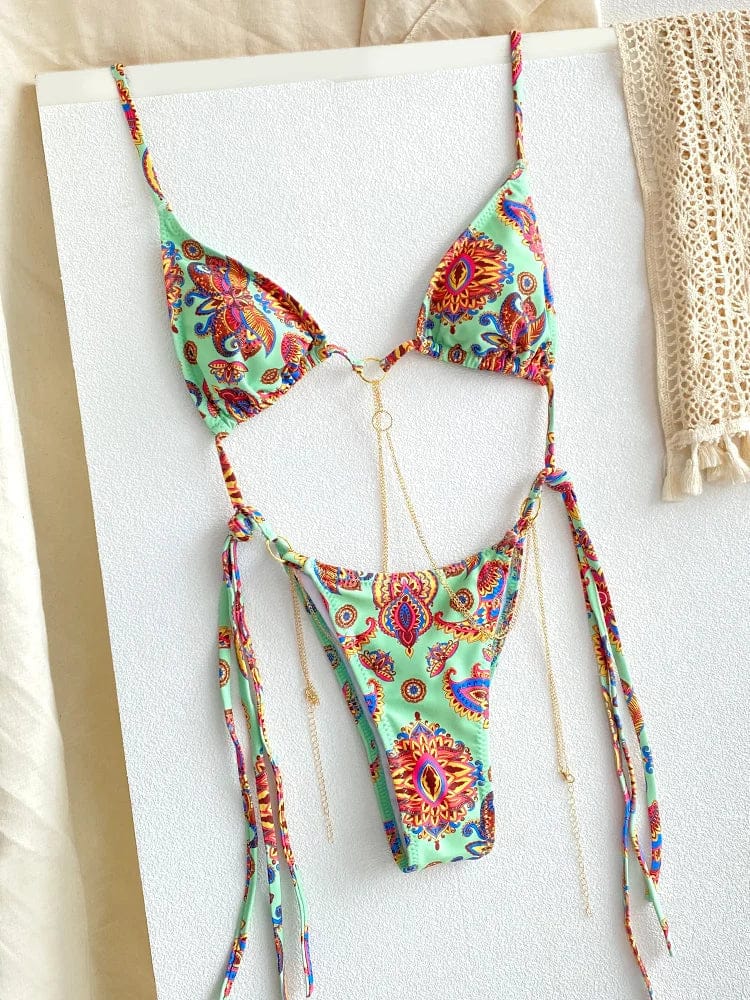 Sexy Triangle Chains Bikini Sets Micro Thongs Swimsuit Women Bathing Suit Biquini Bandage Beachwear Print Swimwear Thong Bikini - A-1 Thread Vault