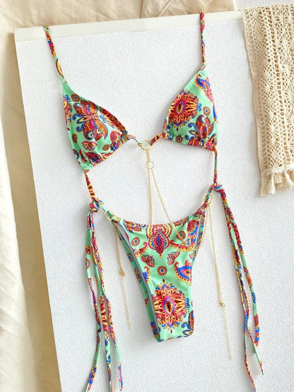 Sexy Triangle Chains Bikini Sets Micro Thongs Swimsuit Women Bathing Suit Biquini Bandage Beachwear Print Swimwear Thong Bikini - A-1 Thread Vault