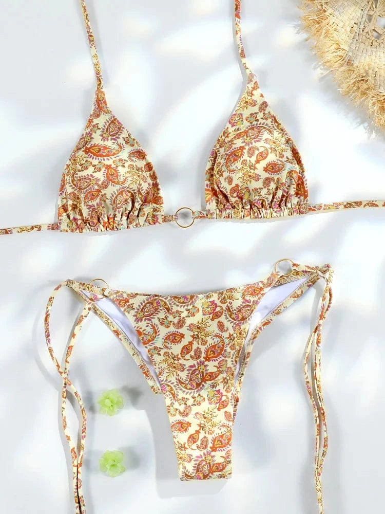 Sexy Triangle Chains Bikini Sets Micro Thongs Swimsuit Women Bathing Suit Biquini Bandage Beachwear Print Swimwear Thong Bikini - A-1 Thread Vault