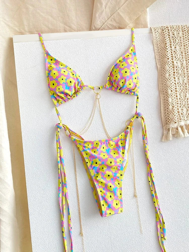 Sexy Triangle Chains Bikini Sets Micro Thongs Swimsuit Women Bathing Suit Biquini Bandage Beachwear Print Swimwear Thong Bikini - A-1 Thread Vault