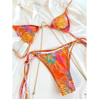 Sexy Triangle Chains Bikini Sets Micro Thongs Swimsuit Women Bathing Suit Biquini Bandage Beachwear Print Swimwear Thong Bikini - A-1 Thread Vault