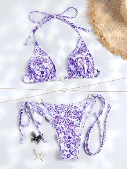 Sexy Triangle Chains Bikini Sets Micro Thongs Swimsuit Women Bathing Suit Biquini Bandage Beachwear Print Swimwear Thong Bikini - A-1 Thread Vault
