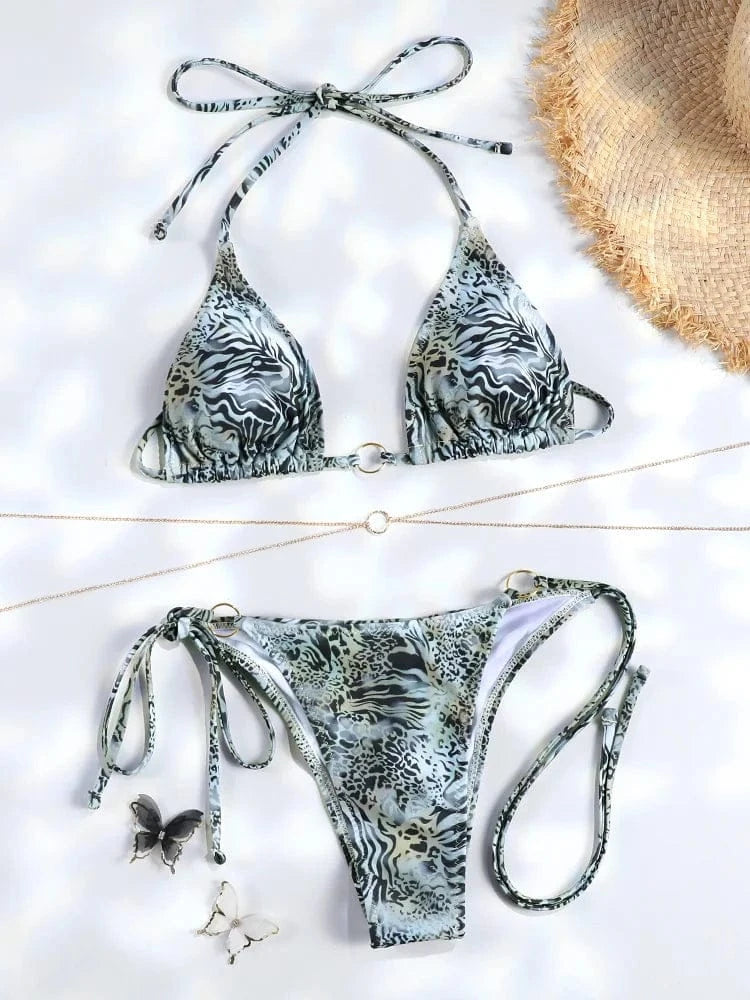 Sexy Triangle Chains Bikini Sets Micro Thongs Swimsuit Women Bathing Suit Biquini Bandage Beachwear Print Swimwear Thong Bikini - A-1 Thread Vault