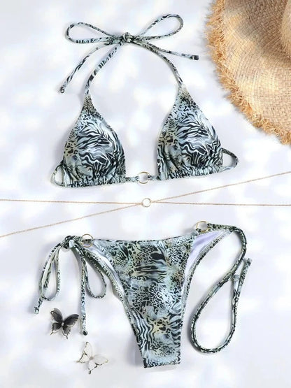 Sexy Triangle Chains Bikini Sets Micro Thongs Swimsuit Women Bathing Suit Biquini Bandage Beachwear Print Swimwear Thong Bikini - A-1 Thread Vault