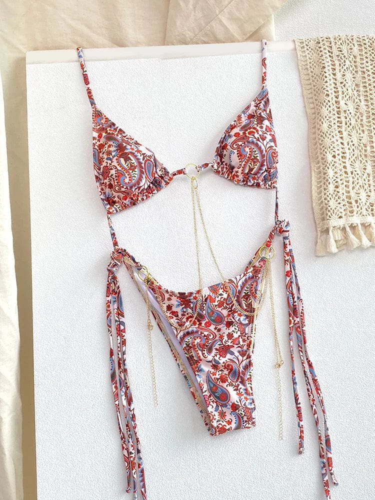 Sexy Triangle Chains Bikini Sets Micro Thongs Swimsuit Women Bathing Suit Biquini Bandage Beachwear Print Swimwear Thong Bikini - A-1 Thread Vault