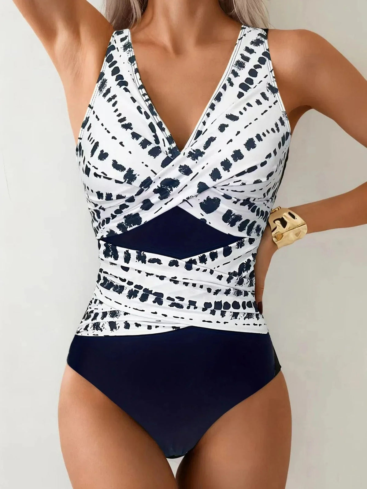 Sexy White Black Patchwork Swimwear Women Deep V Neck Cross Tummy Control One Piece Swimsuit Beach Bathing Suit Monokini 2026 - A-1 Thread Vault