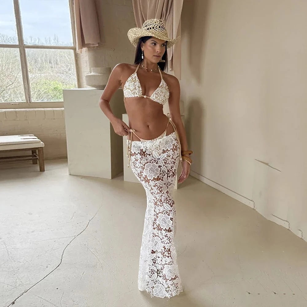 Sexy White Lace 3 Pieces Bikini 2025 Women Swimsuit Swimwear Long Sarong Cover Up Bikini Set Beachwear Bathing Suit Swimming - A-1 Thread Vault
