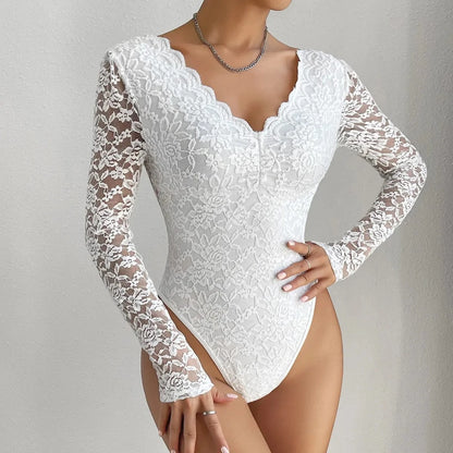 Sexy White Lace Bodysuit Women Solid Color Long Sleeve Sheer Corset Top Autumn Ruffles V Neck See Thourgh Slim Fit Jumpsuit - A-1 Thread Vault