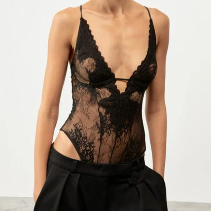 Sexy Women's Bodysuit Halter Deep V-neck Sleeveless Lace Solid Slim Female Bodysuits 2026 Summer New Fashion Party Chic Lady Top - A-1 Thread Vault