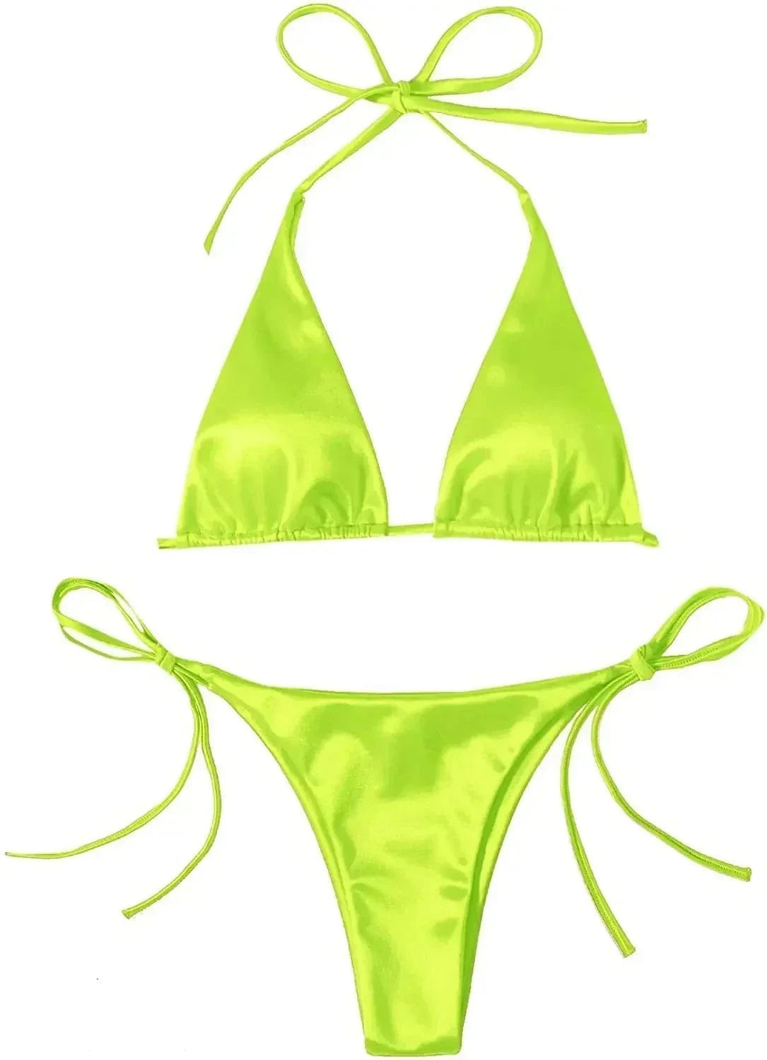 Sexy Women's Metallic Halter Top Two Piece Swimsuit Tie Side Triangle Bikini Summer Solid Bathing Suit Beachwear Bikini Set - A-1 Thread Vault