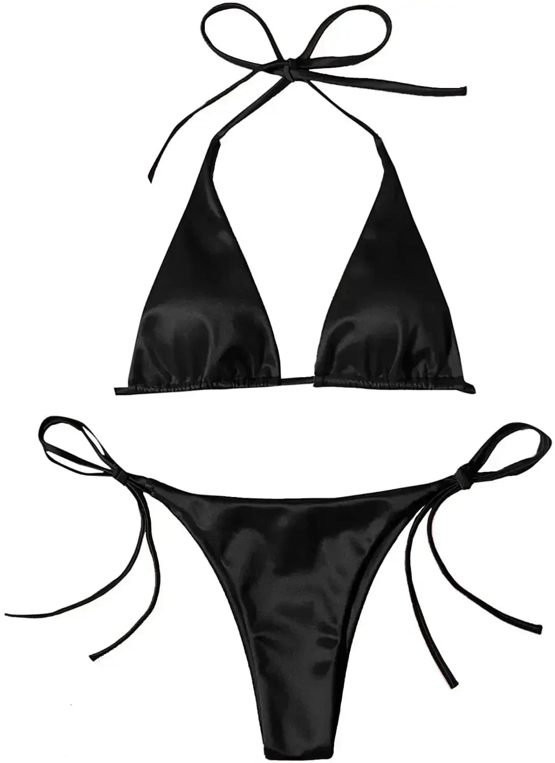 Sexy Women's Metallic Halter Top Two Piece Swimsuit Tie Side Triangle Bikini Summer Solid Bathing Suit Beachwear Bikini Set - A-1 Thread Vault