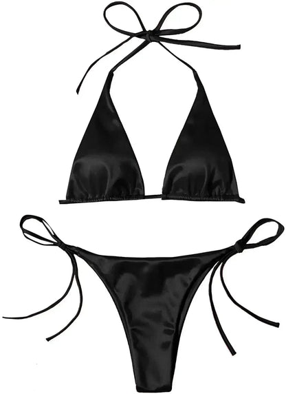 Sexy Women's Metallic Halter Top Two Piece Swimsuit Tie Side Triangle Bikini Summer Solid Bathing Suit Beachwear Bikini Set - A-1 Thread Vault