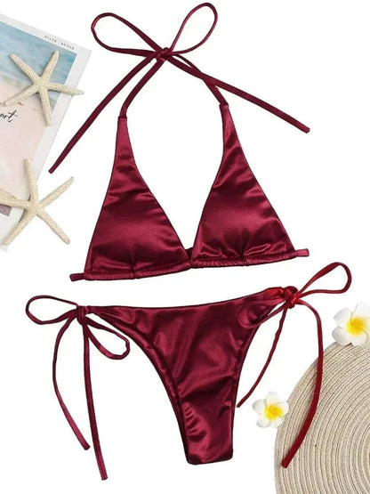 Sexy Women's Metallic Halter Top Two Piece Swimsuit Tie Side Triangle Bikini Summer Solid Bathing Suit Beachwear Bikini Set - A-1 Thread Vault