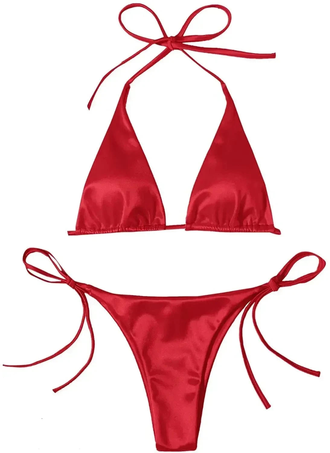 Sexy Women's Metallic Halter Top Two Piece Swimsuit Tie Side Triangle Bikini Summer Solid Bathing Suit Beachwear Bikini Set - A-1 Thread Vault