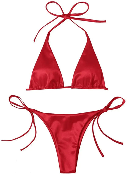 Sexy Women's Metallic Halter Top Two Piece Swimsuit Tie Side Triangle Bikini Summer Solid Bathing Suit Beachwear Bikini Set - A-1 Thread Vault