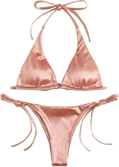 Sexy Women's Metallic Halter Top Two Piece Swimsuit Tie Side Triangle Bikini Summer Solid Bathing Suit Beachwear Bikini Set - A-1 Thread Vault
