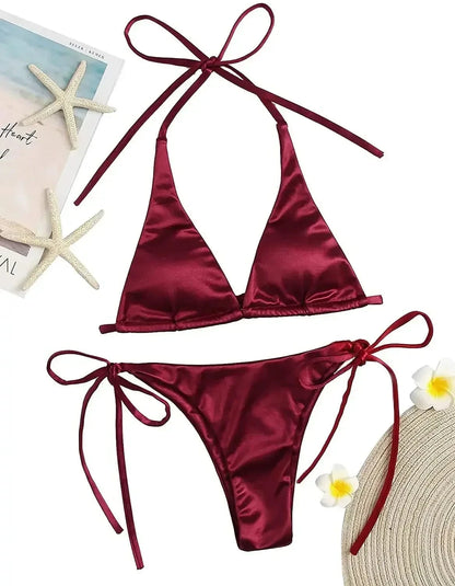 Sexy Women's Metallic Halter Top Two Piece Swimsuit Tie Side Triangle Bikini Summer Solid Bathing Suit Beachwear Bikini Set - A-1 Thread Vault