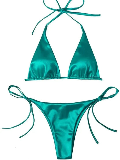 Sexy Women's Metallic Halter Top Two Piece Swimsuit Tie Side Triangle Bikini Summer Solid Bathing Suit Beachwear Bikini Set - A-1 Thread Vault
