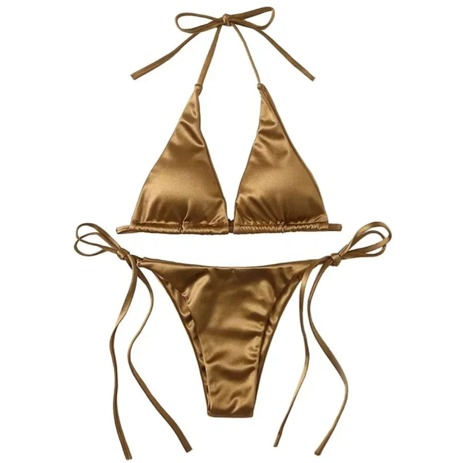 Sexy Women's Metallic Halter Top Two Piece Swimsuit Tie Side Triangle Bikini Summer Solid Bathing Suit Beachwear Bikini Set - A-1 Thread Vault