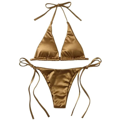 Sexy Women's Metallic Halter Top Two Piece Swimsuit Tie Side Triangle Bikini Summer Solid Bathing Suit Beachwear Bikini Set - A-1 Thread Vault