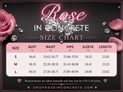 A size chart for clothing displays bust, waist, hips, sleeve, and length measurements in inches for small, medium, and large sizes against a black background with pink rose petals and diamond graphics.